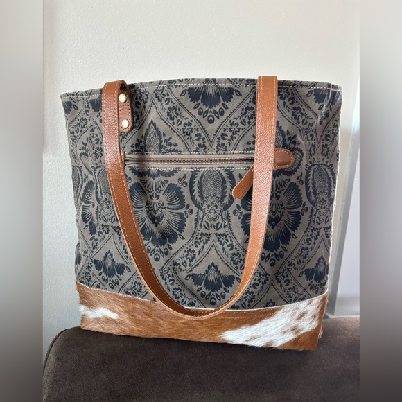 Myra Bag Handbags - Myra Bag Grey & Blue Patterned Tote with Hair-On Trim